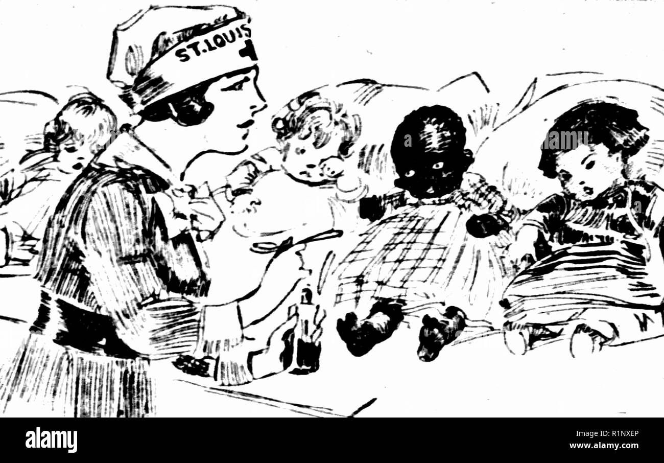 Drawing by Marguerite Martyn of a visiting nurse with medicine and four babies, published in the St. Louis Post-Dispatch, February 12, 1918, during the Influenza outbreak Stock Photo