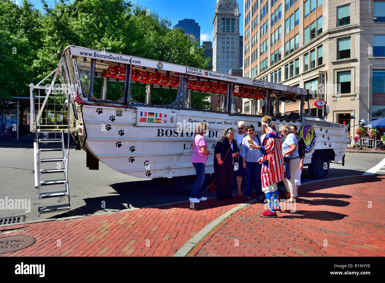 Boston land and harbor tour on duck boat with leader briefing visitors, Massachusetts, USA, Stock Photo