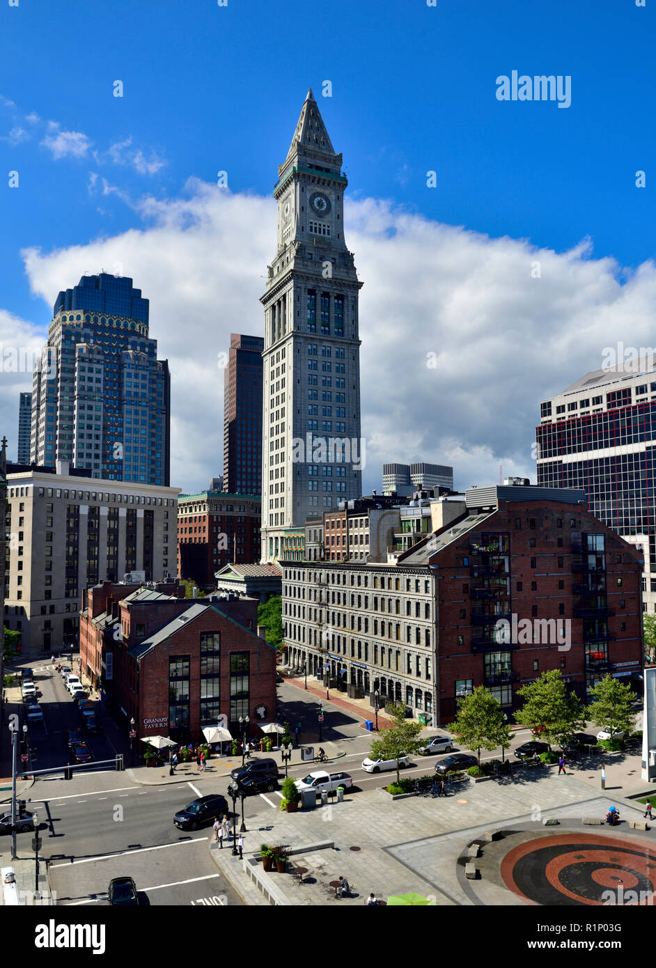 Boston skyline of tall buildings with Custom House Clock Tower in