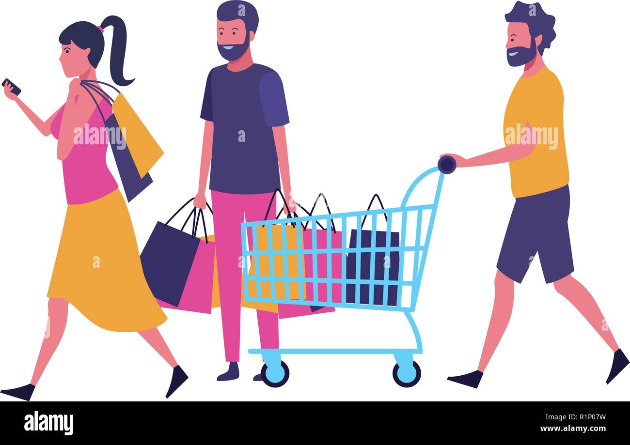 Friends walking with shopping cart and bags cartoon vector illustration