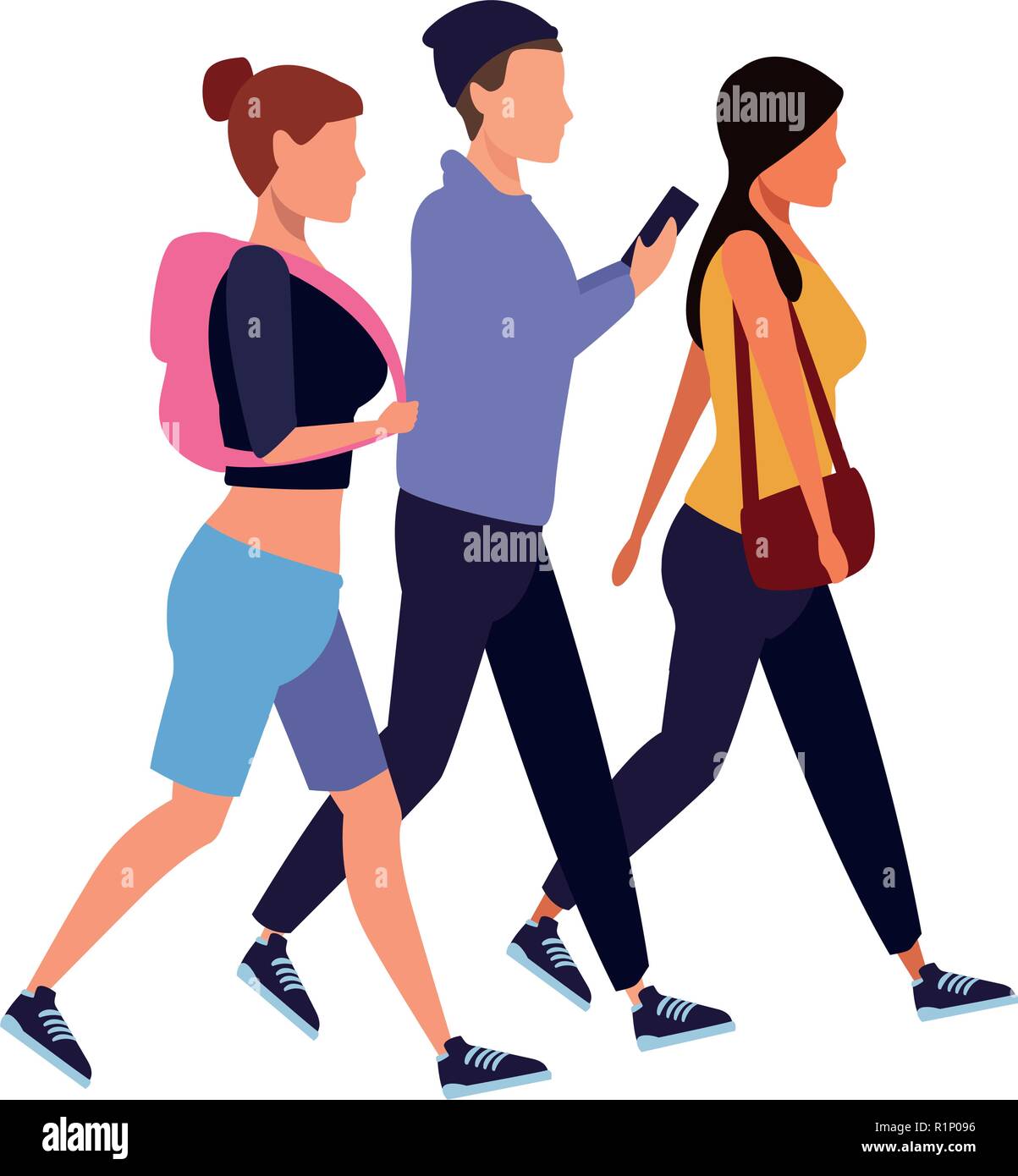 Young friends walking and using smartphone vector illustration graphic design Stock Vector