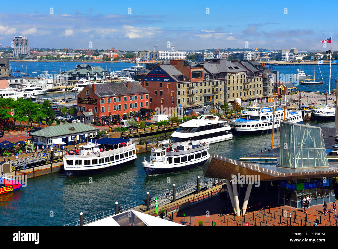Boston harbor view of Long Wharf ferry and tourist sightseeing docks