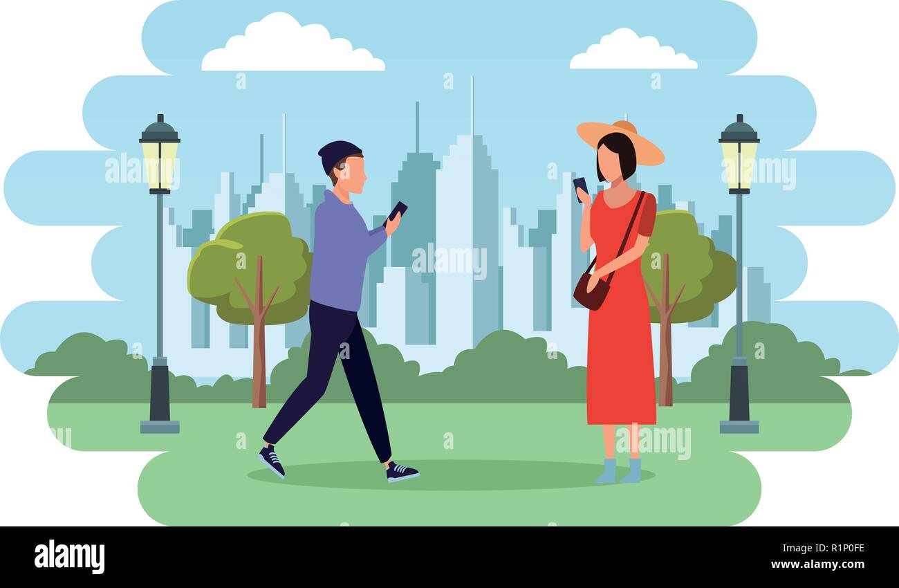 People walking and using smartphones at cityscape scenery vector ...