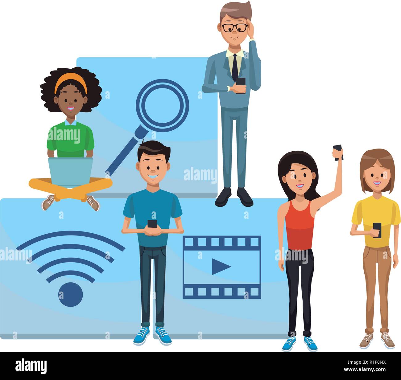 Young people using smartphones and laptop for social networks vector ...