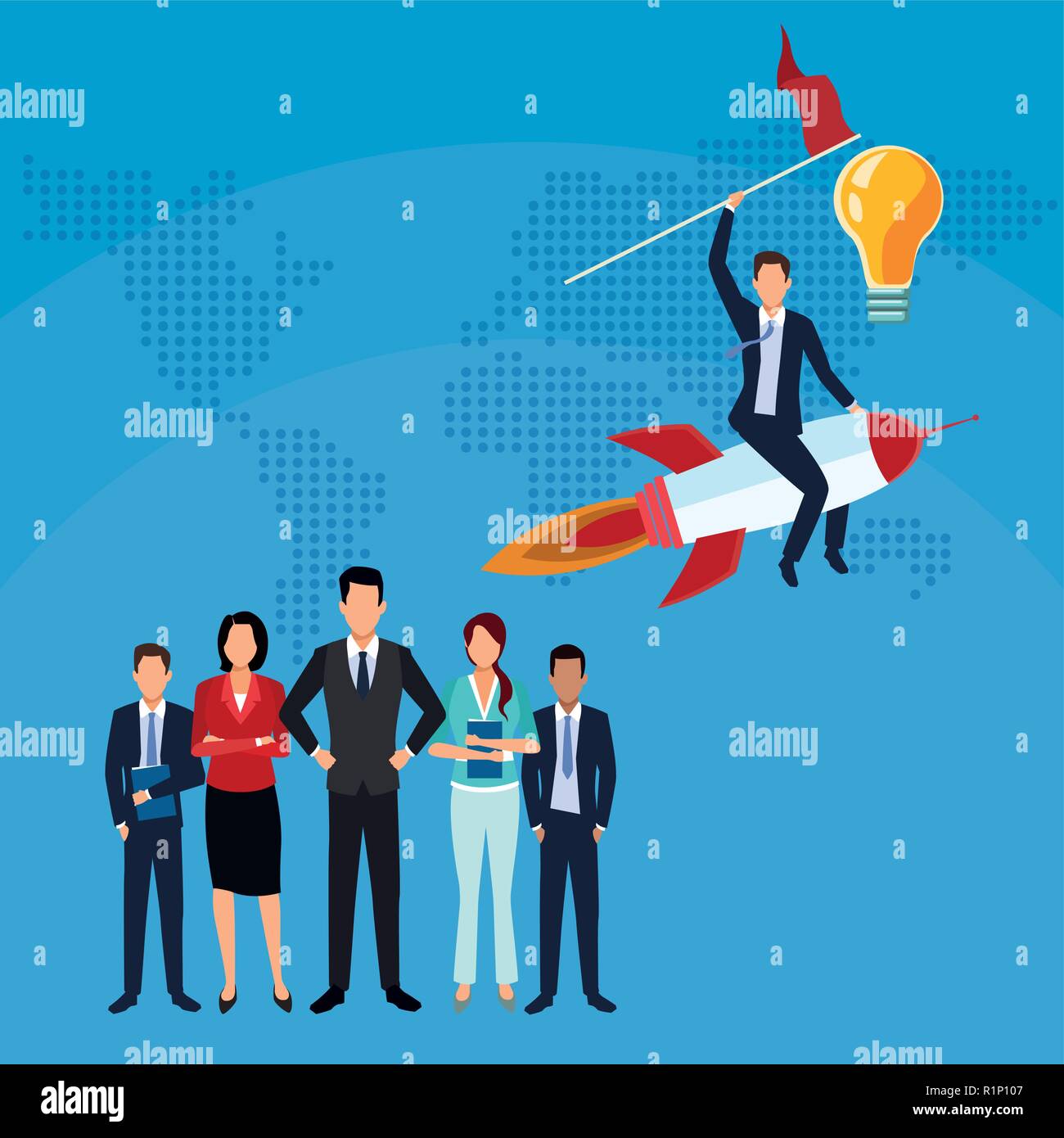 Businessman on startup rocket and teamwork vector illustration graphic ...