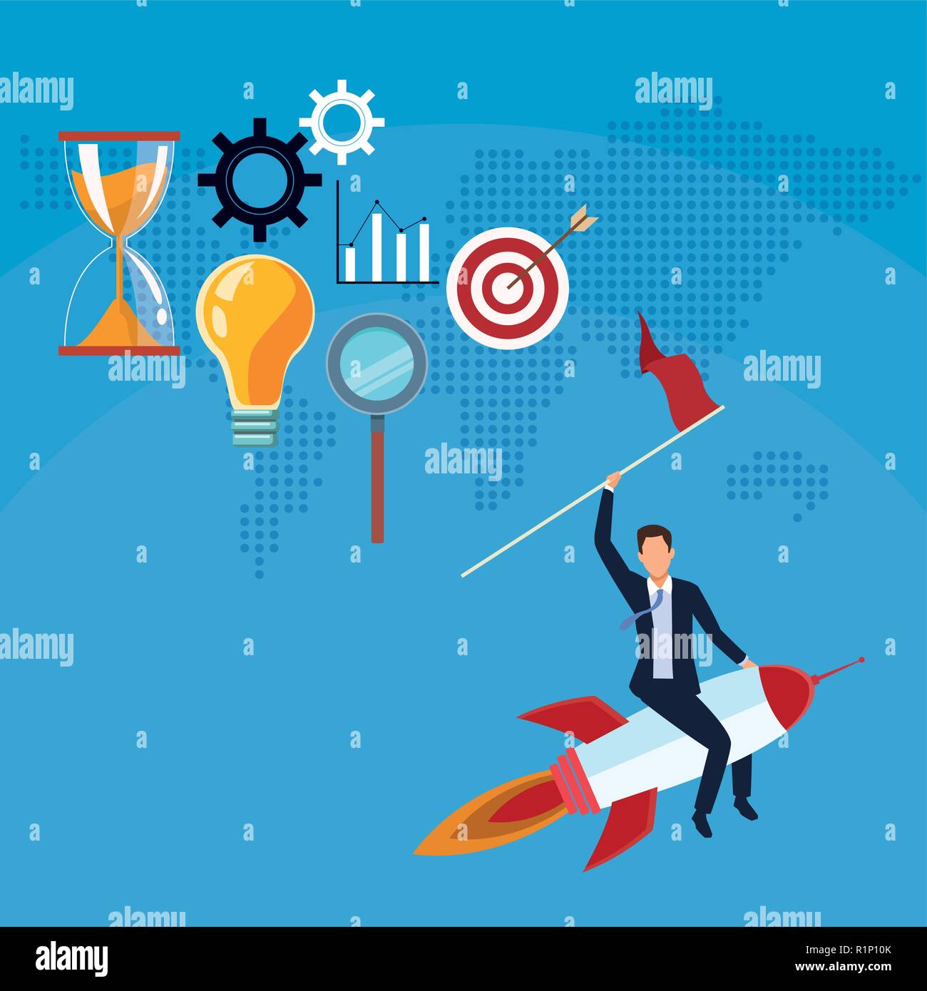 Businessman flying on rocket and startup business symbols vector ...