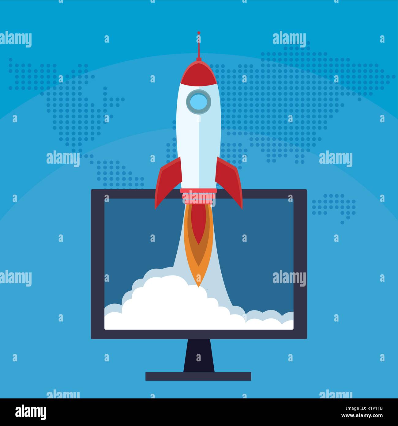 Startup rocket taking off from computer screen vector illustration ...
