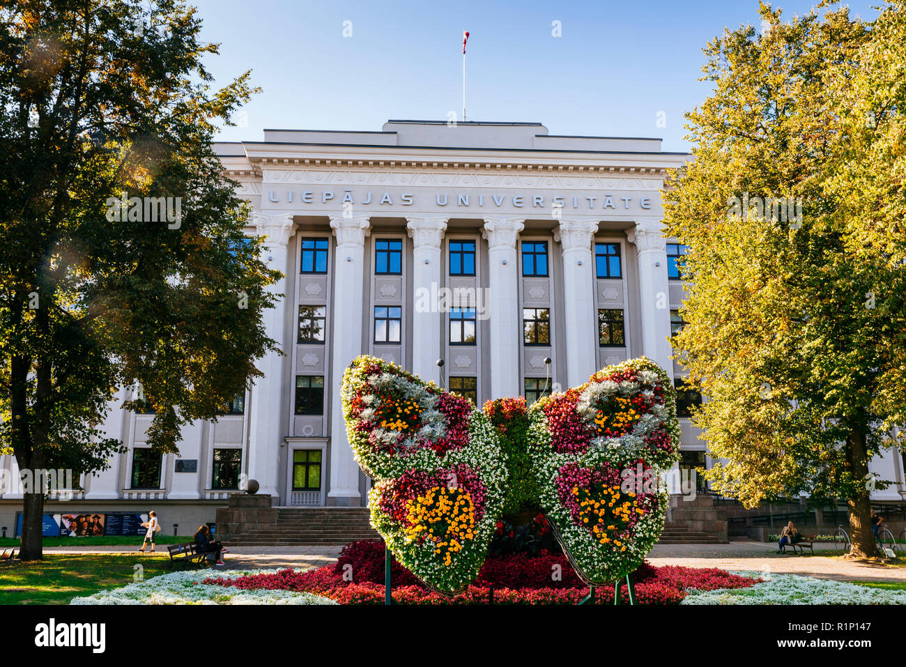 Butterfly of flowers in front of the University building.Liepāja - Liepaja, Kurzeme Region, Latvia, Baltic states, Europe Stock Photo