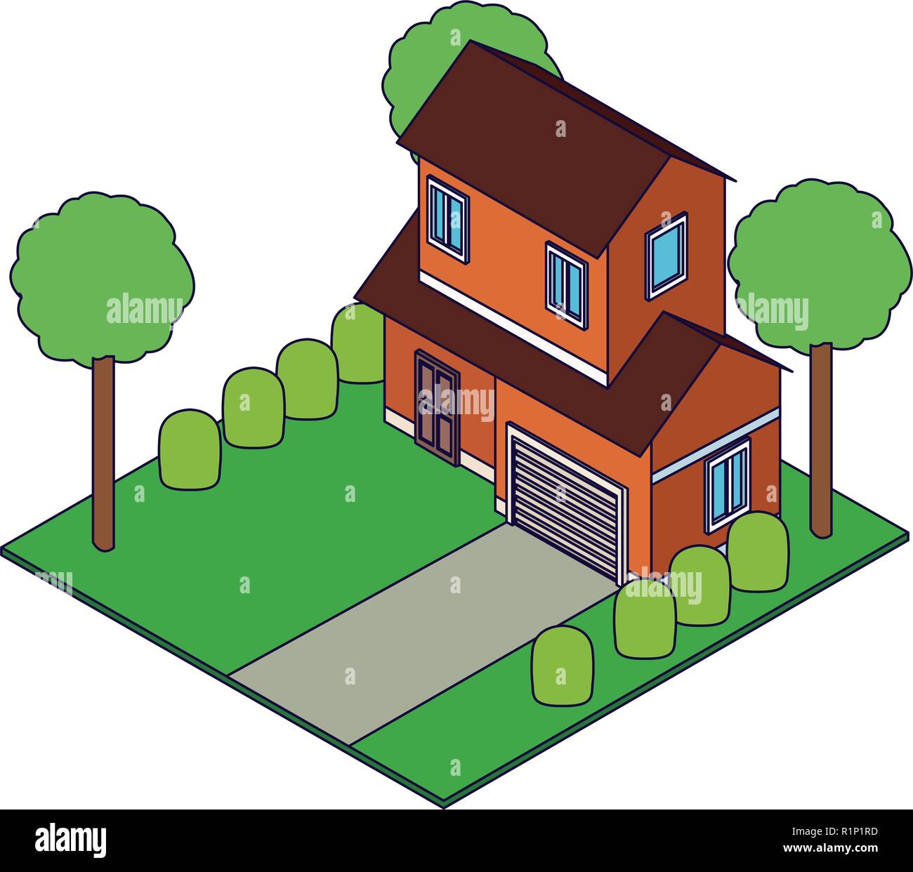 House with nature garden isometric concept vector illustration graphic ...