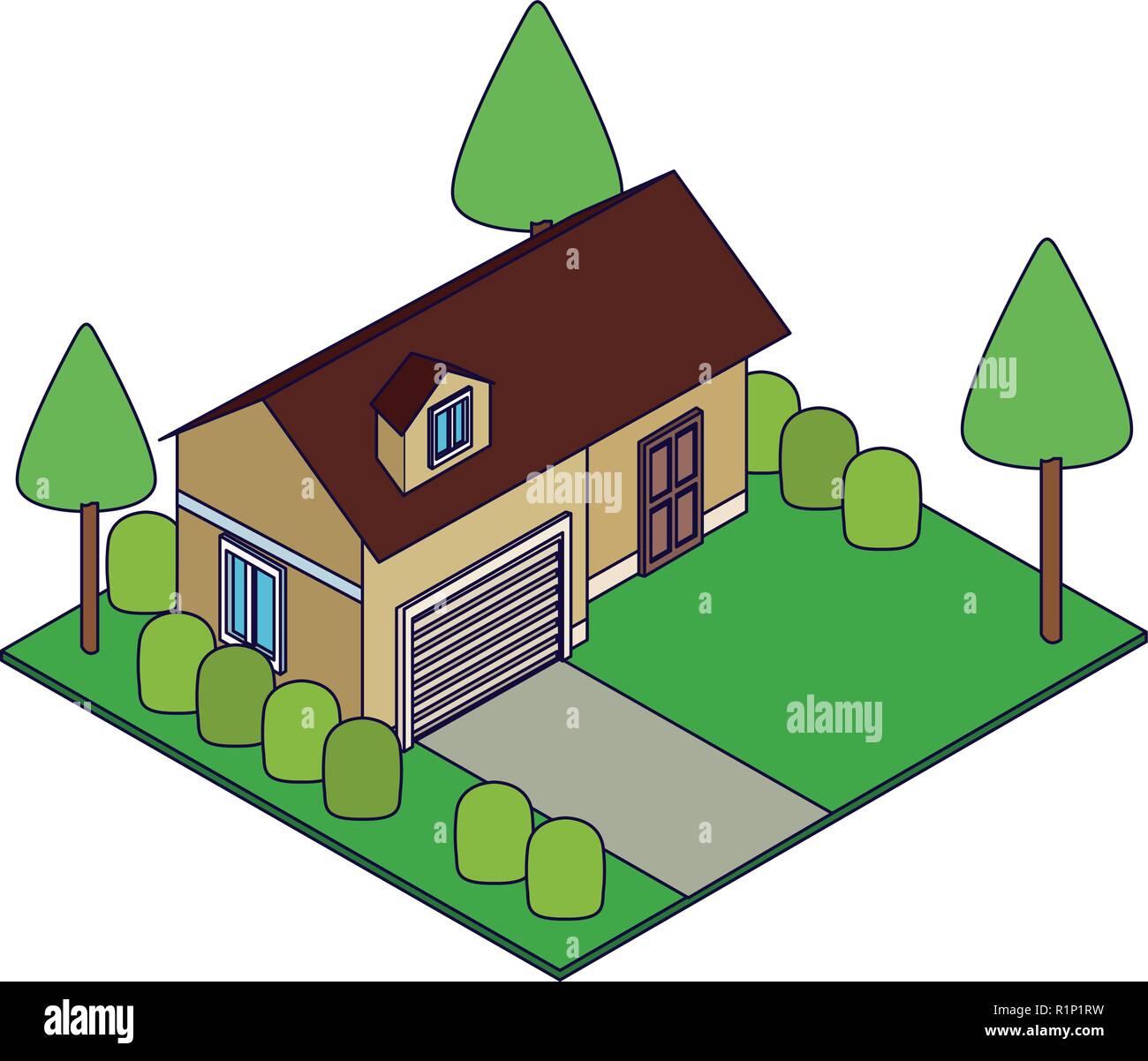 House with nature garden isometric concept vector illustration graphic ...