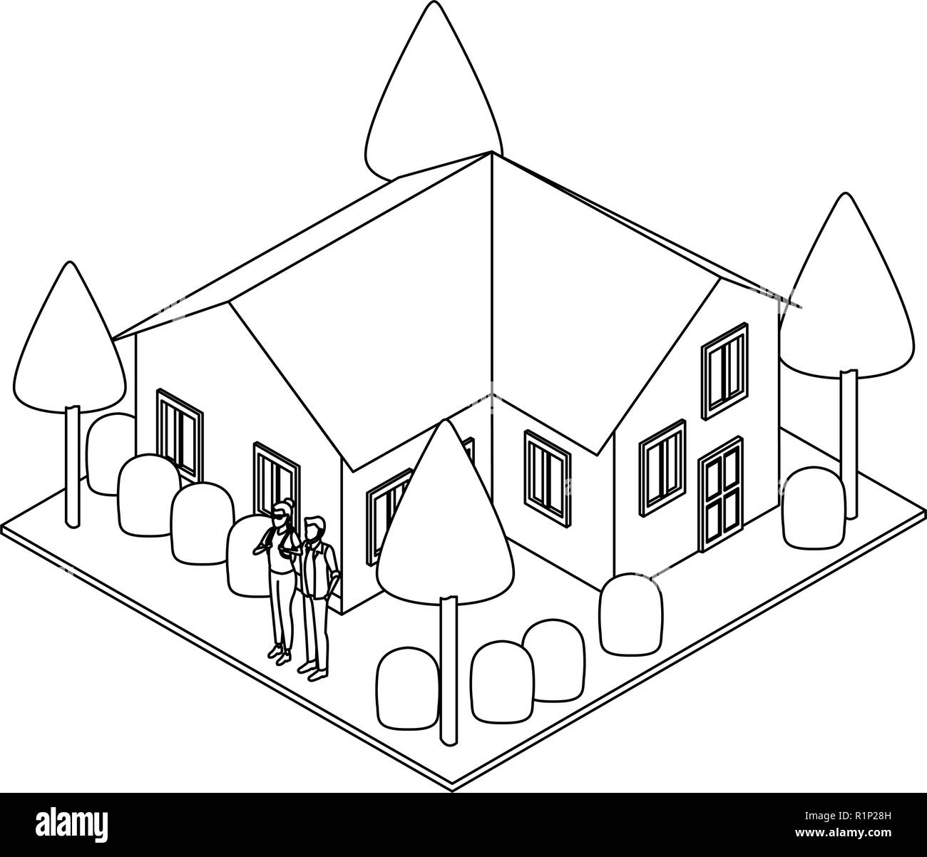House with garden and couple isometric scenery vector illustration ...