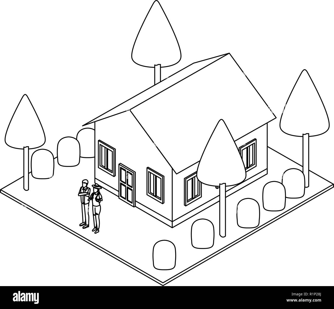 House with garden and couple isometric scenery vector illustration ...