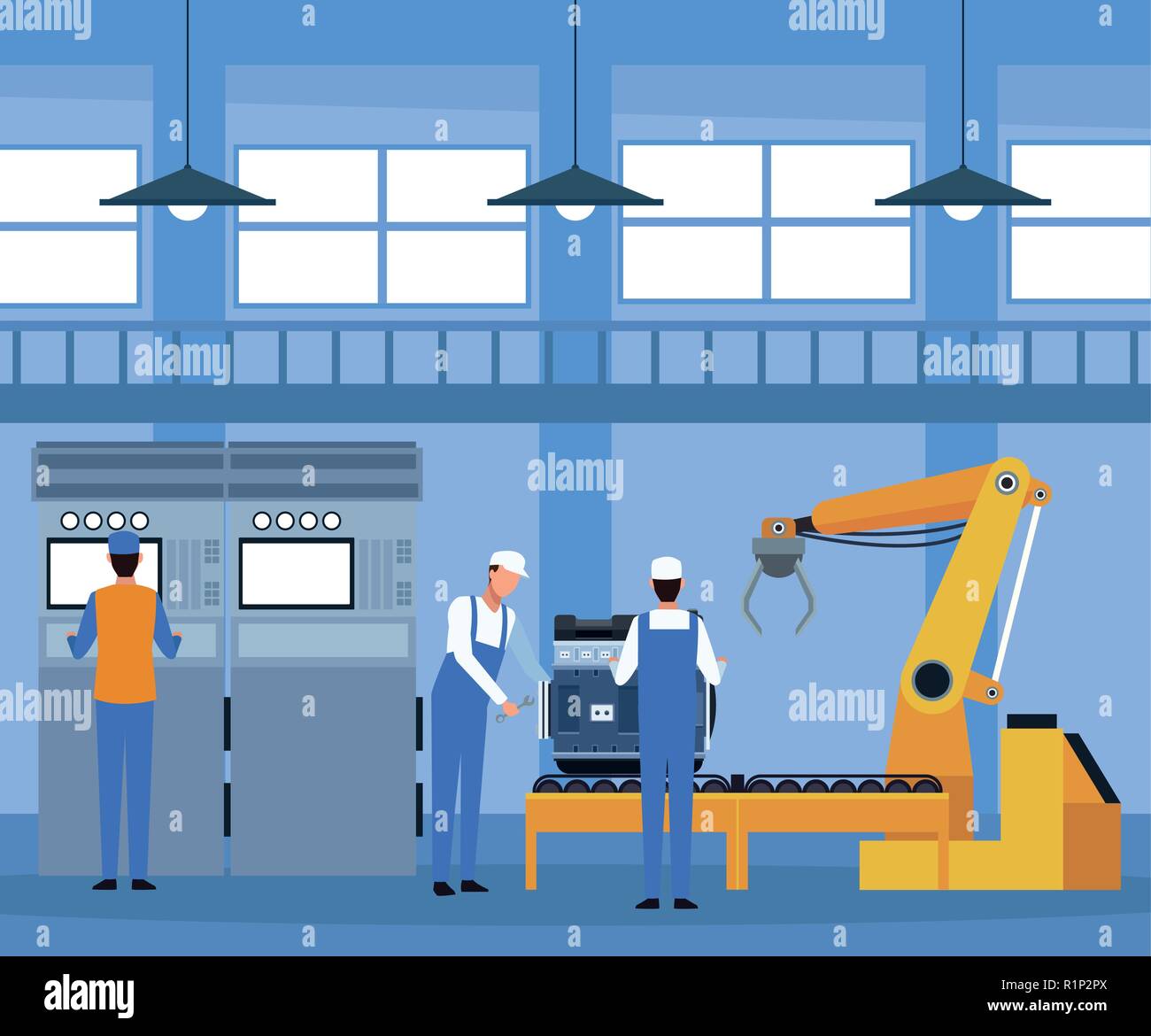 Workers on factory car assembling interior vector illustration graphic design Stock Vector