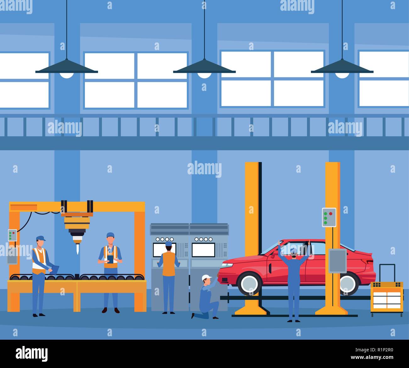 Workers on factory car assembling interior vector illustration graphic design Stock Vector
