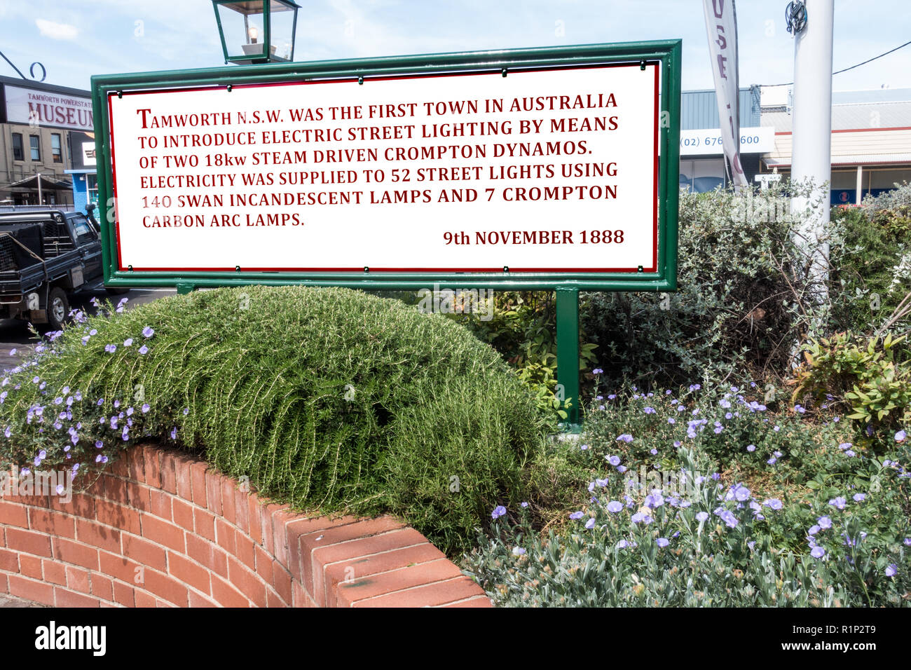 Sign at Tamworth NSW Power station Museum: First town in Australia to have electric street lighting 9th November 1888. Stock Photo