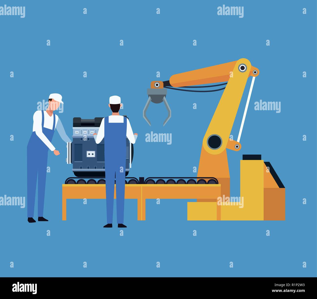 Workers on factory car assembling blue background vector illustration graphic design Stock Vector