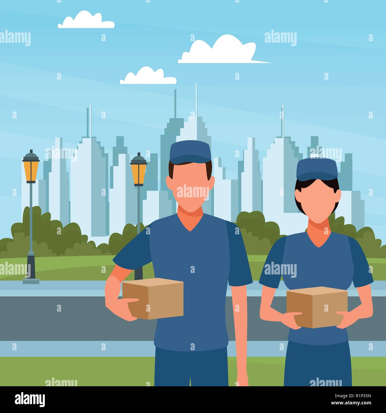 Couriers holding box at city vector illustration graphic design Stock