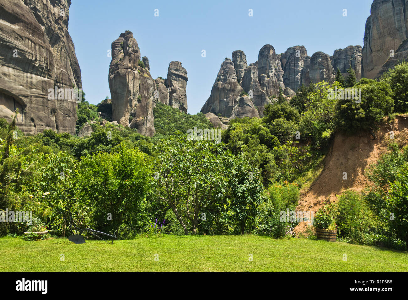 Huge rocks for climbing at Meteora valley near Kalambaka, Thessaly, Greece Stock Photo