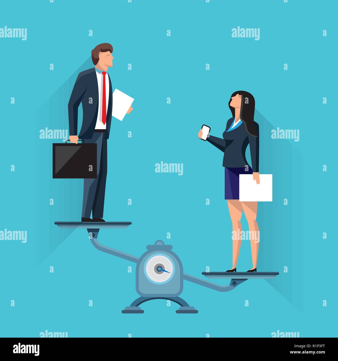 Businesspeople standing on scales in imbalance Stock Vector
