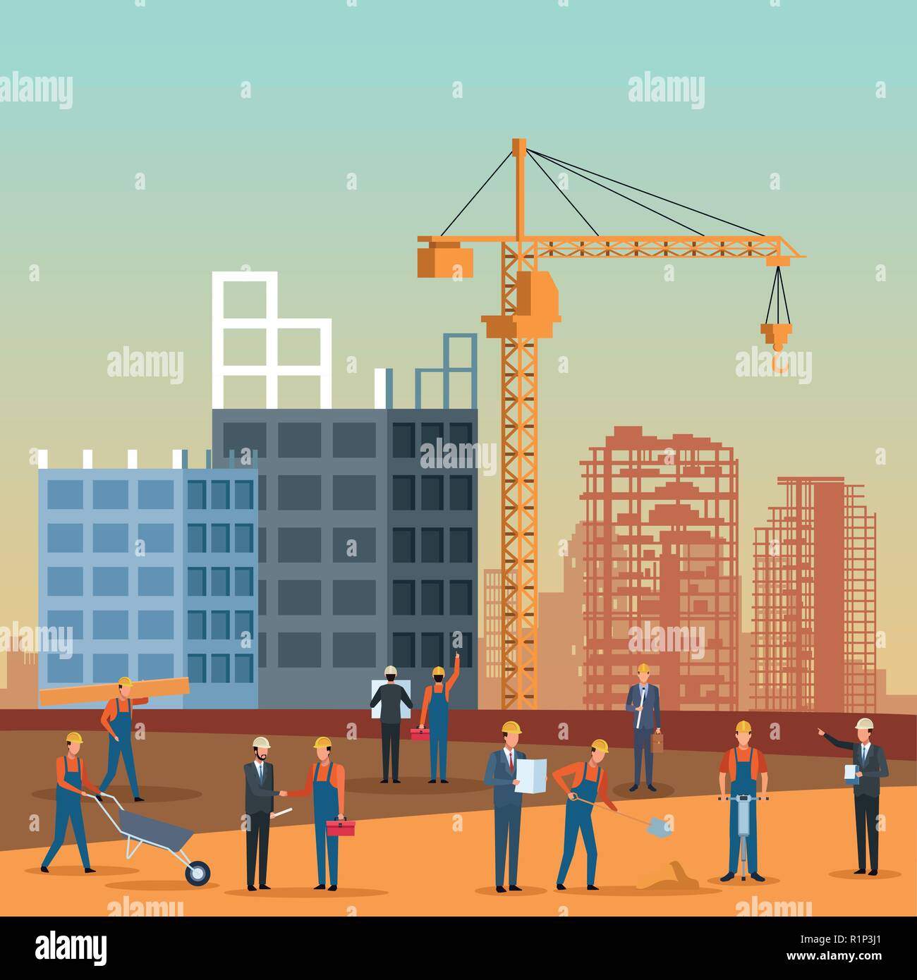 construction engineer leading work with builders cartoon vector
