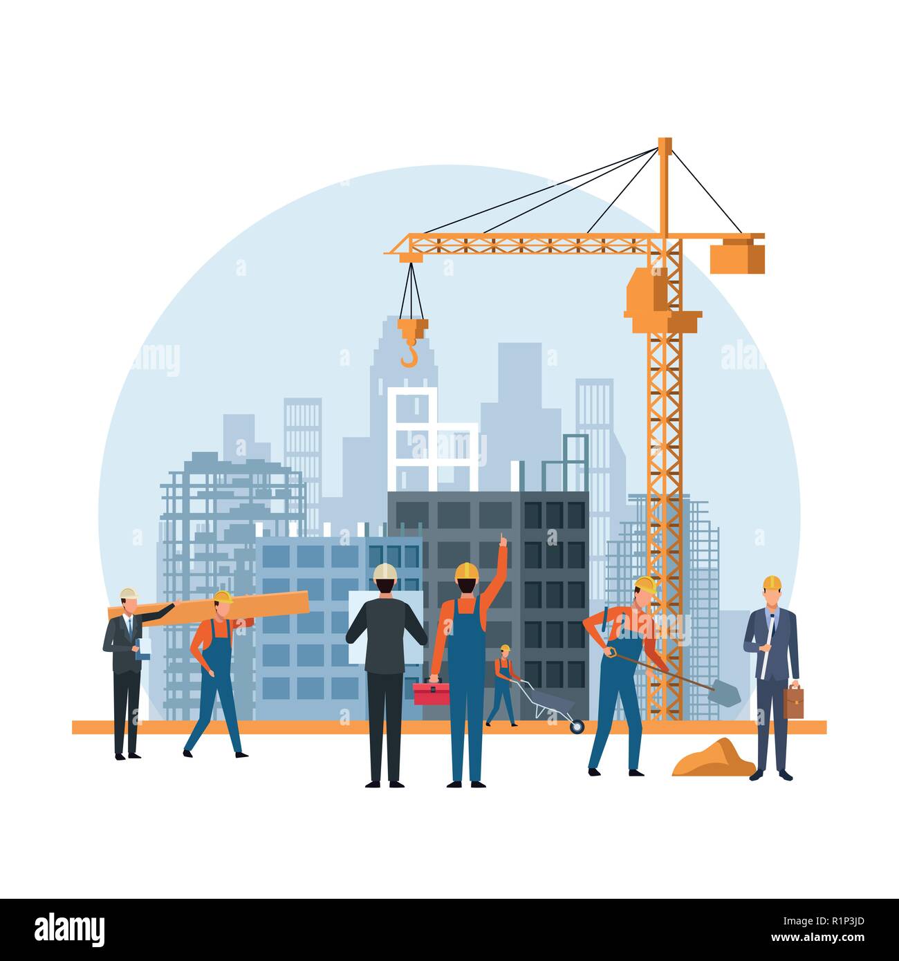 construction engineer leading work with builders cartoon vector