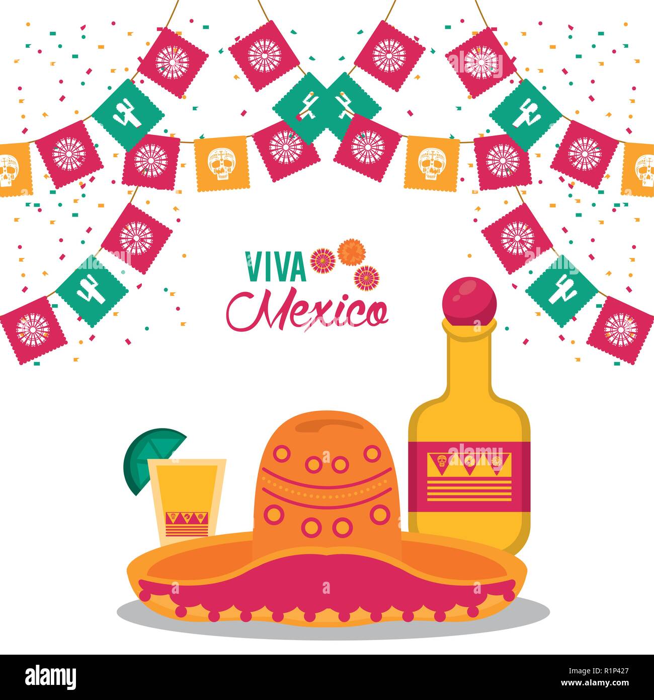 typical mexican items with tequila and mariachis hat vector
