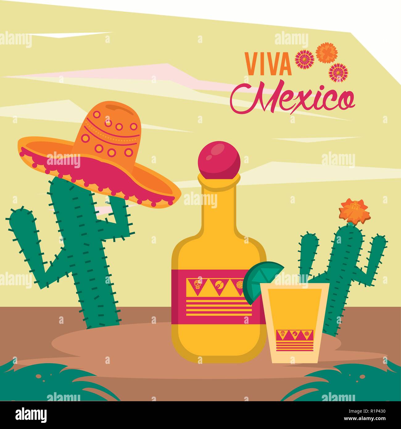 typical mexican items with tequila and mariachis hat vector