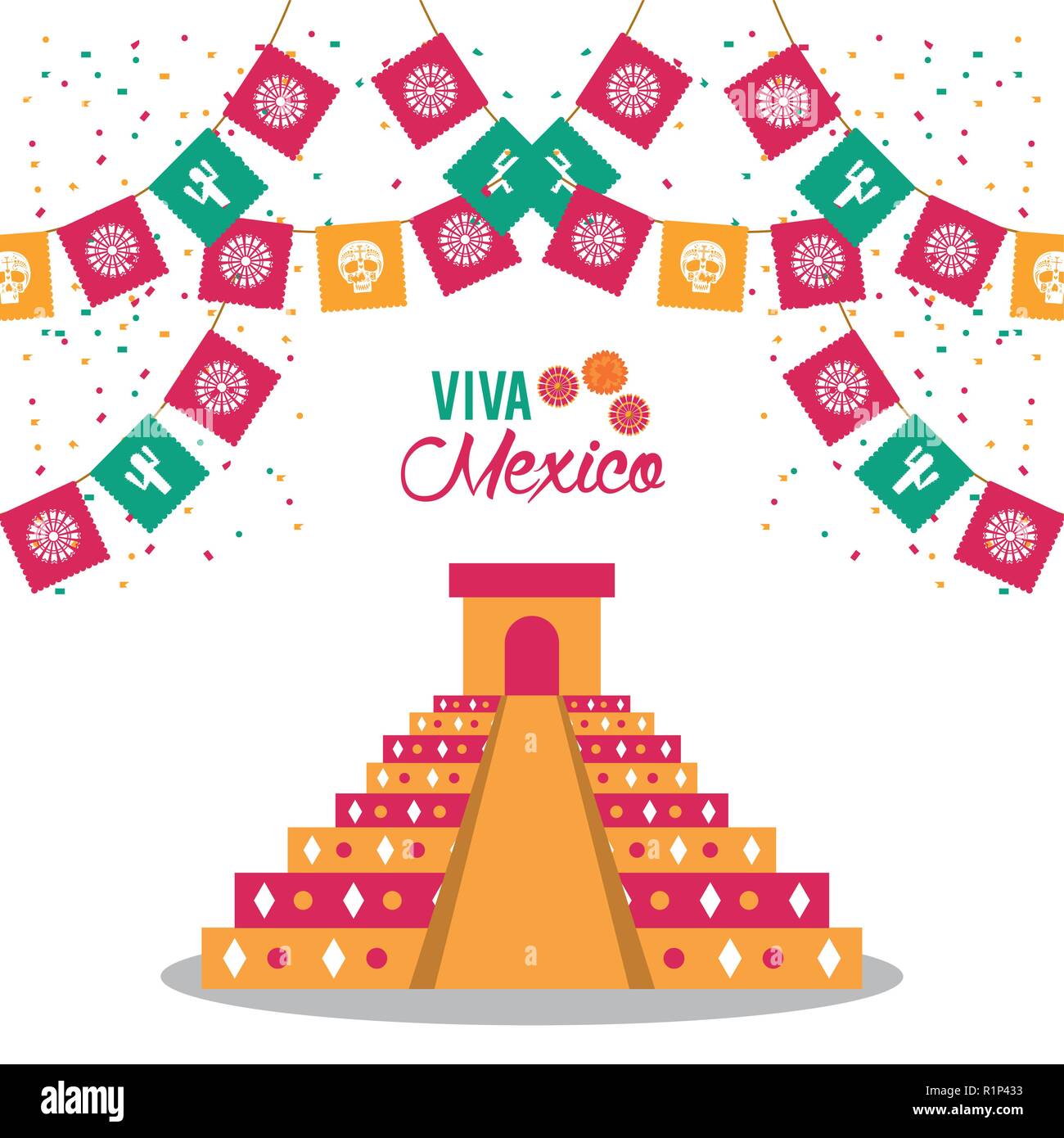 kukulkan ancient temple with pennants and viva mexico vector ...