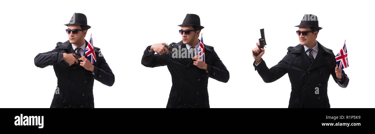 Man spy with handgun and usa flag isolated on white background Stock Photo