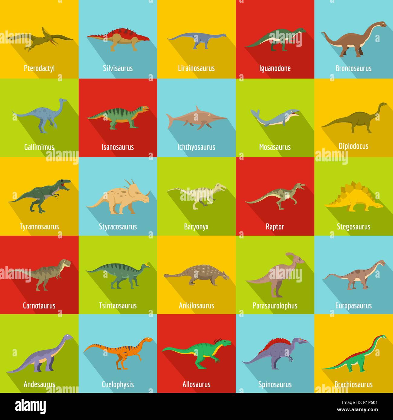 Dinosaur types signed name icons set. Flat illustration of 25 dinosaur types signed name vector icons for web Stock Vector