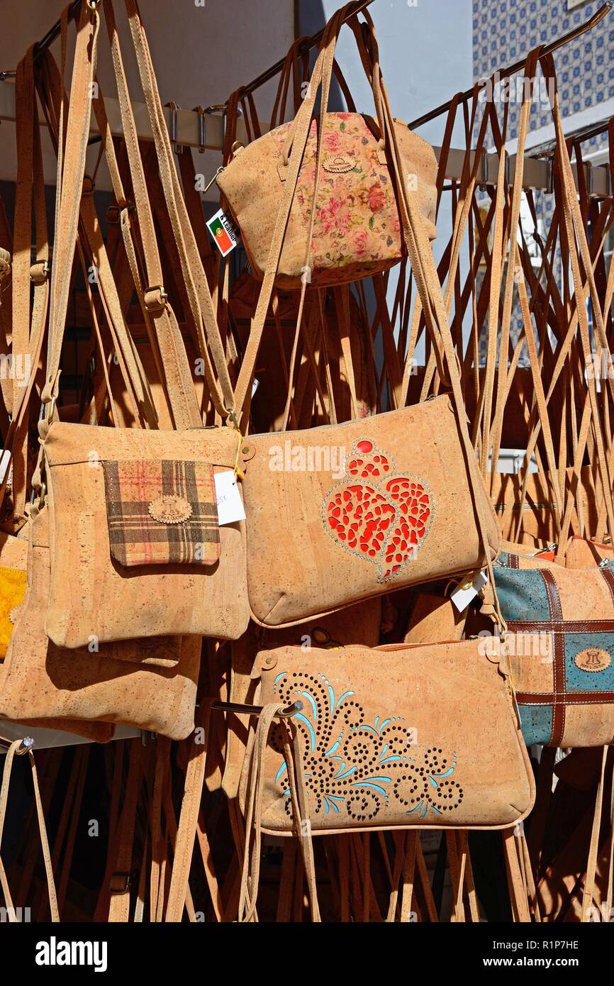 Traditional Portuguese cork handbags for sale in the old town