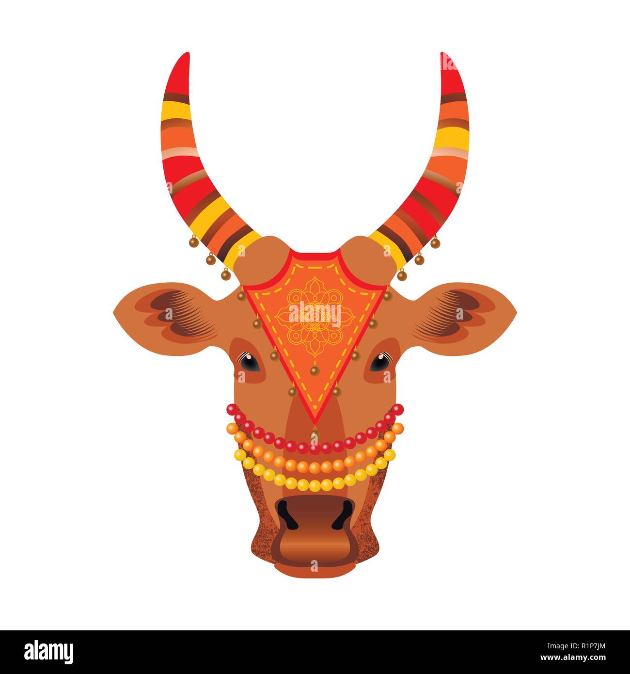maatu pongal hindu harvest festival in india and sri lanka the concept of the event the head of a cow decorated with cloth with embroidery beads R1P7JM