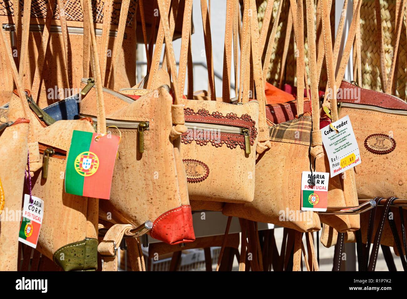 Traditional Portuguese cork handbags for sale in the old town, Albufeira,  Algarve, Portugal, Europe Stock Photo - Alamy