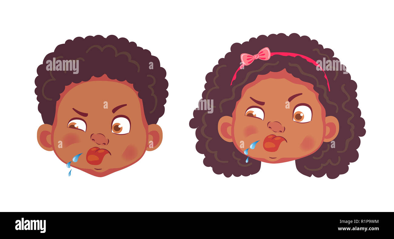 Face of African boy and girl. Emotions of african american boy and girl. Facial expression. Face illustration Stock Photo