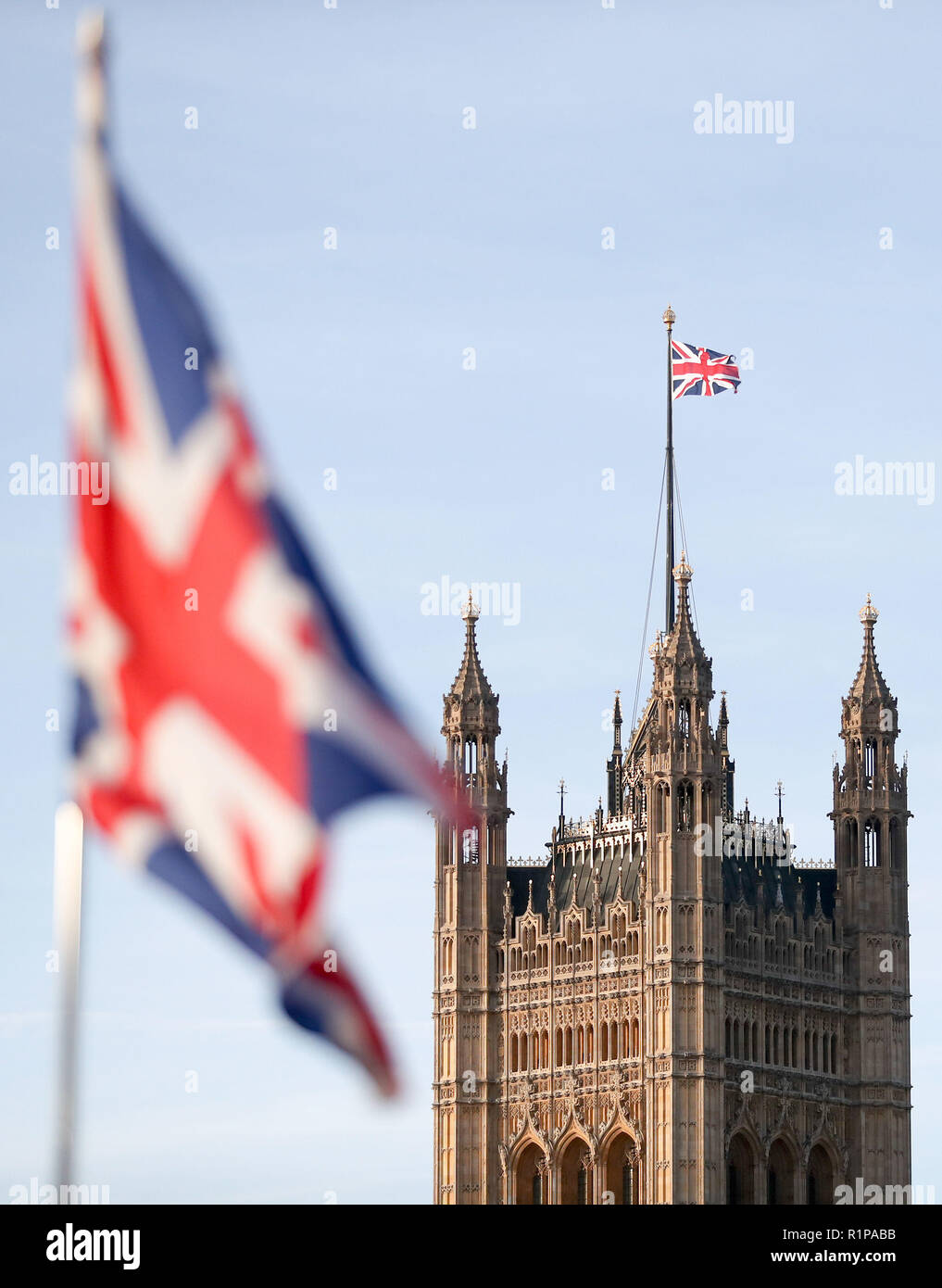 A Union flag flies in front of the Victoria Tower in Westminster ...