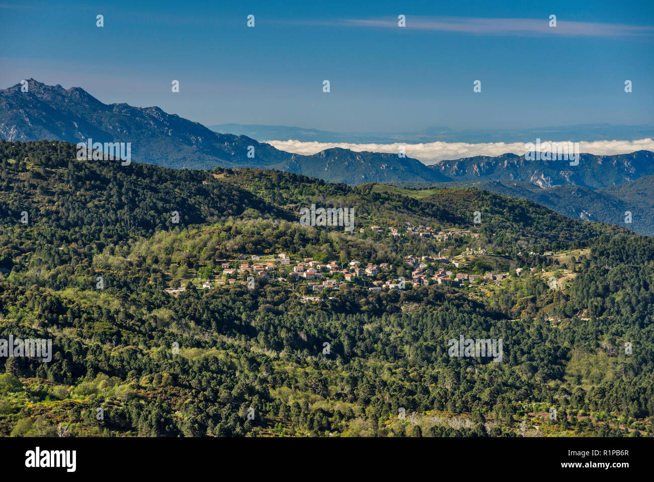 Hill town of Aullene, view from Col de la Vaccia, mountain pass on road D69, Alta Rocca microregion, Corse-du-Sud, Corsica, France Stock Photo