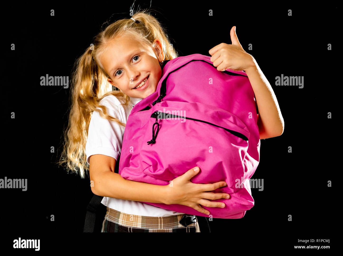 Pretty Cute Blonde Hair Girl With A Pink Schoolbag Looking At