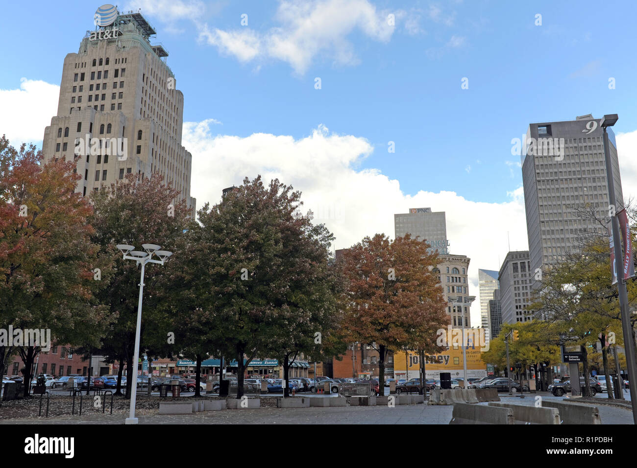 Cleveland streetscape in the fall with the iconic art deco Ohio Bell Building skyscraper to the left and the modern Metropolitan building to the right Stock Photo