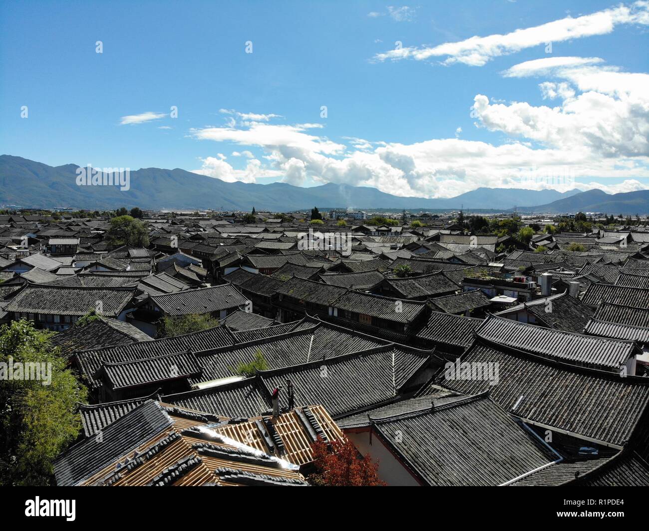 Photo of lijiang old town in china. Taken on a Sunny day with a drone Stock Photo