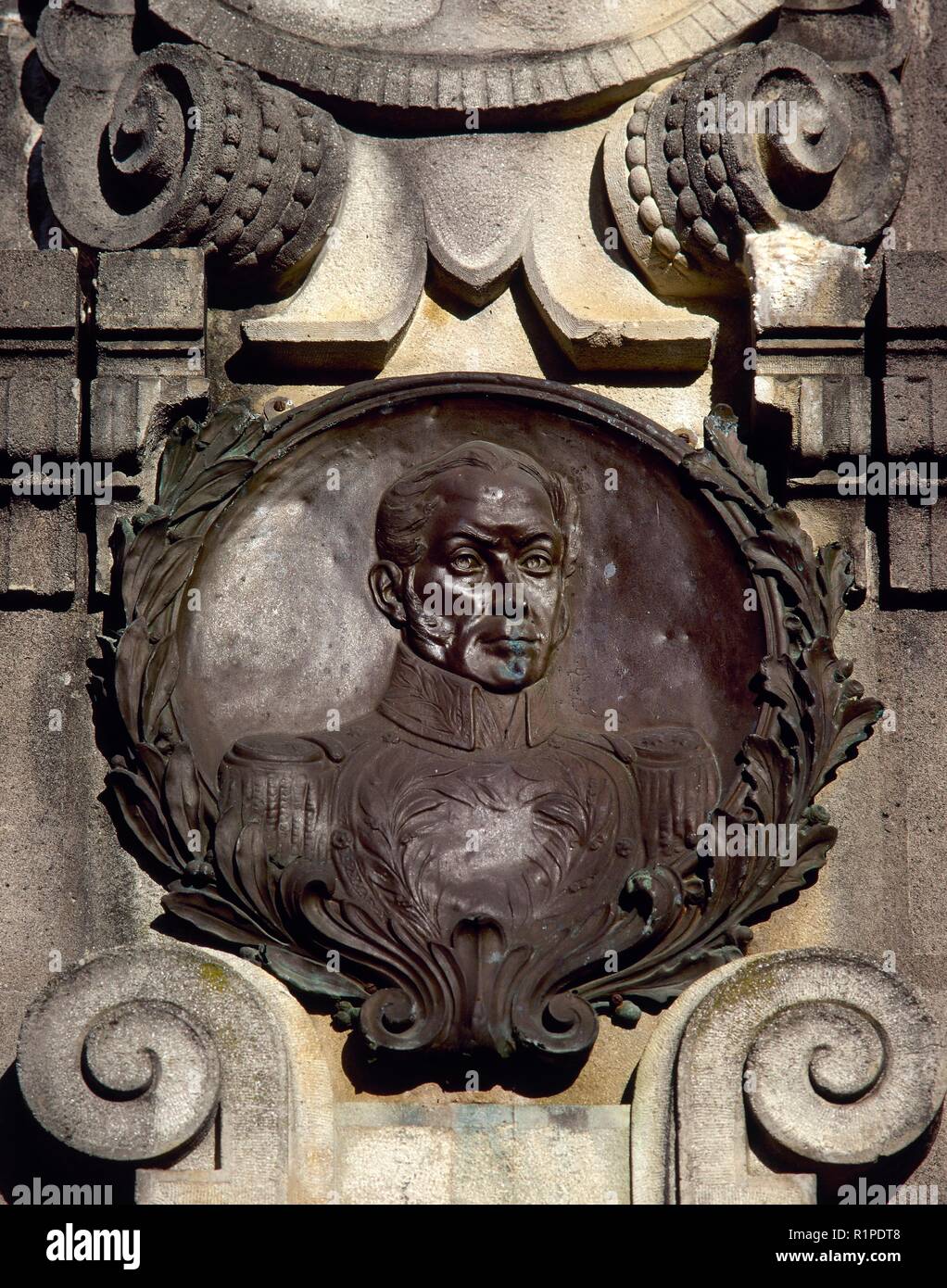 Simon Bolivar (1783-1830). Venezuelan military leader who was instrumental in the revolutions against the Spain empire. Medallion with effigy of Bolivar.  Detail of the monument erected in honour of the 'Liberator', 1927. Bolibar, Province of Biscay, Basque Country, Spain. Stock Photo