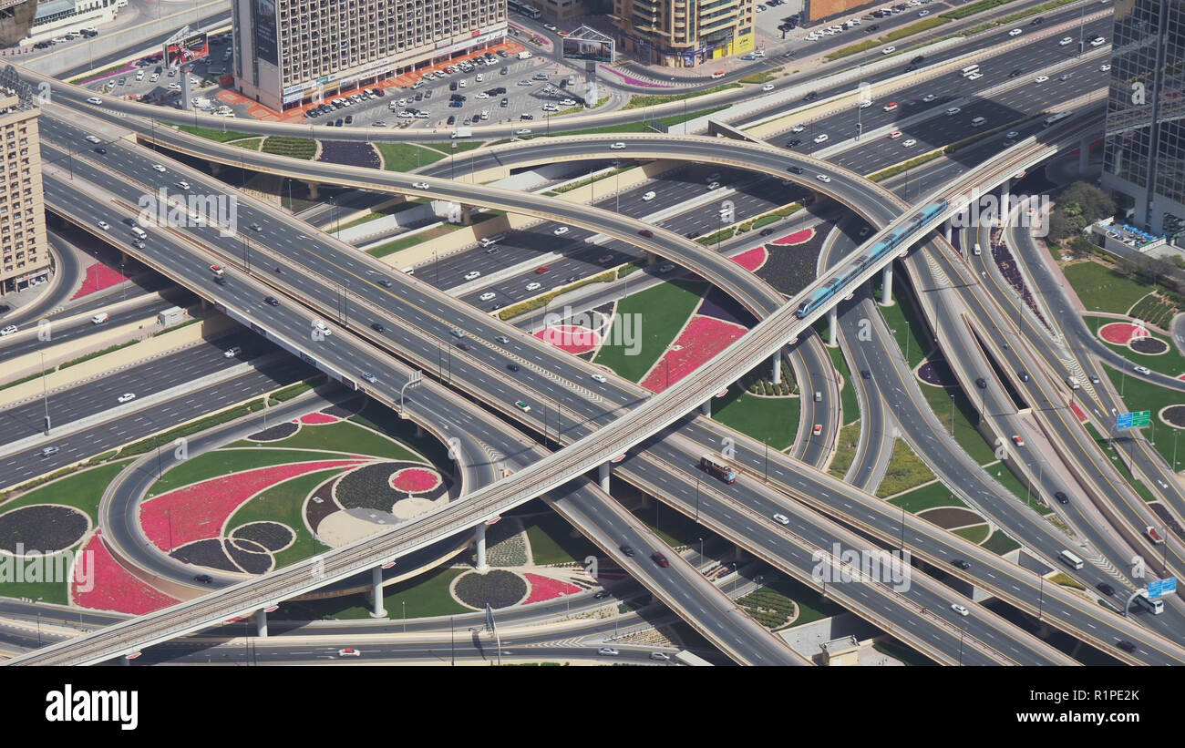 Modern urban multi-level road junctions in Downtown Dubai view from the top stock footage video Stock Photo