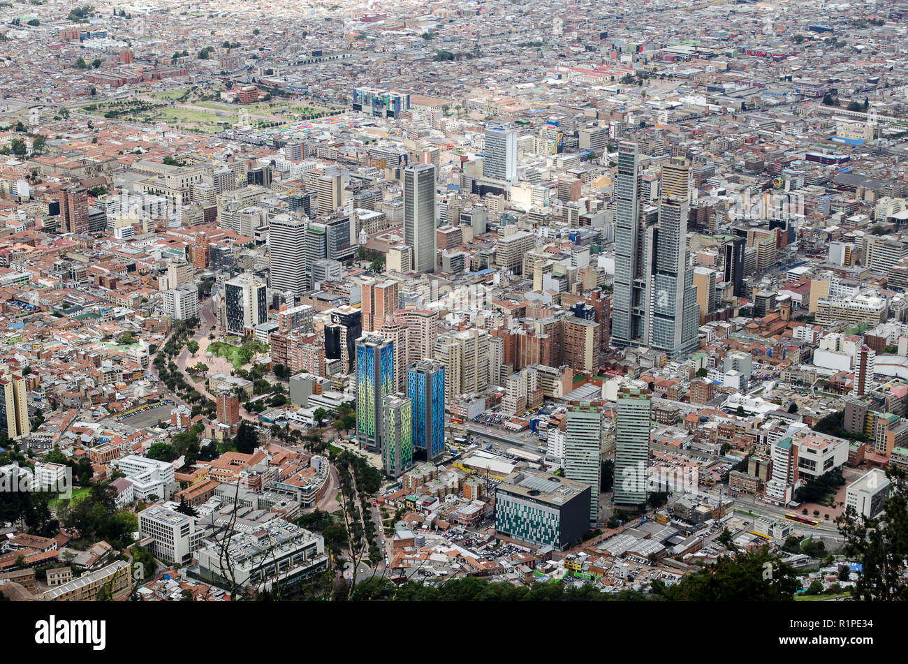 Bogota City as seen from Mount Monserrate, modern buildings stands  up in the landscape Stock Photo