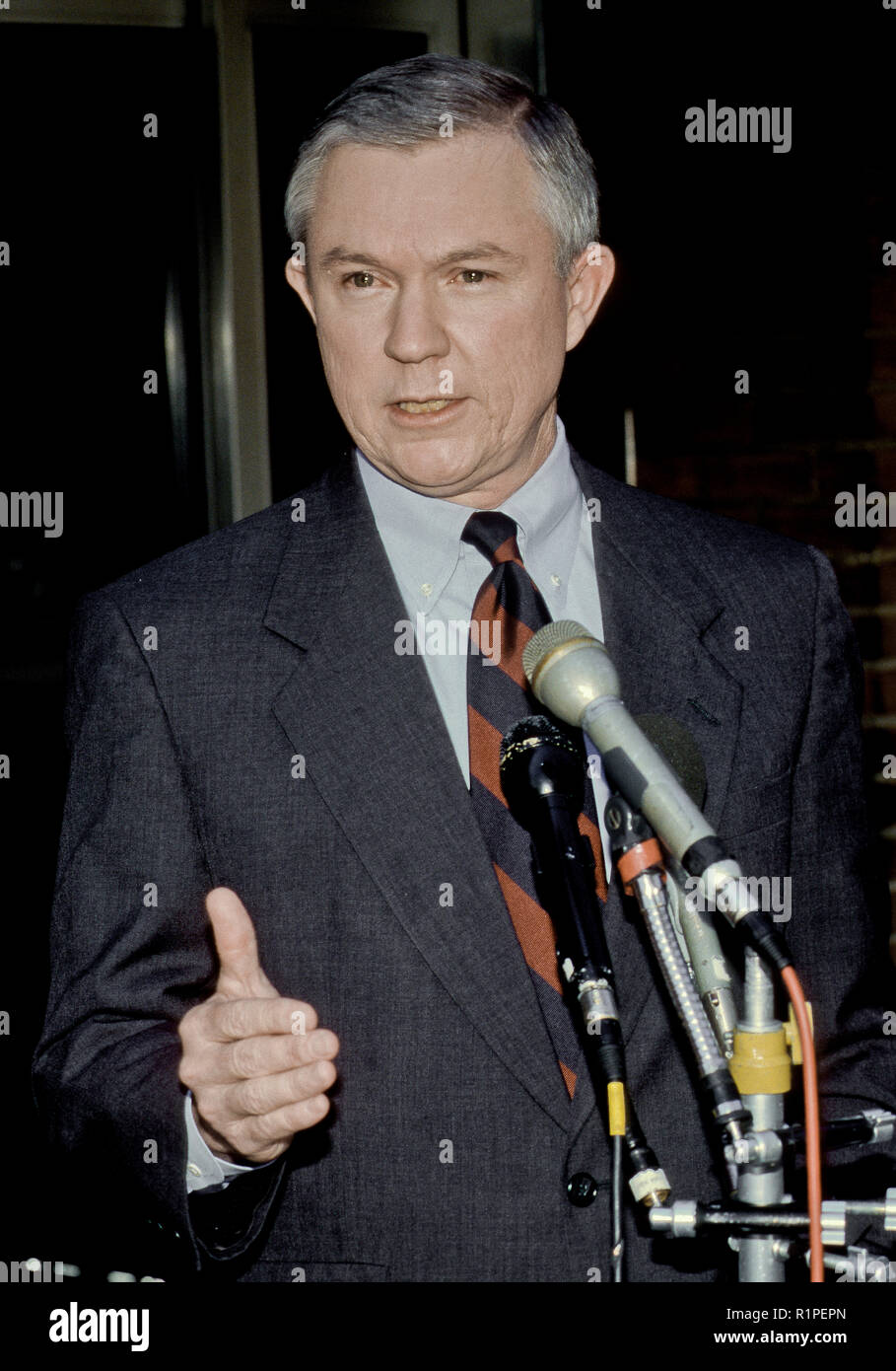 Washington, DC. March 29th, 1998 USA Senator Jeff Sessions Republican of Alabama talks with reporters outside the CBS studios in Washington DC after his appearance on the Sunday Morning Talk 'Face The Nation' Credit: Mark Reinstein /MediaPunch Stock Photo