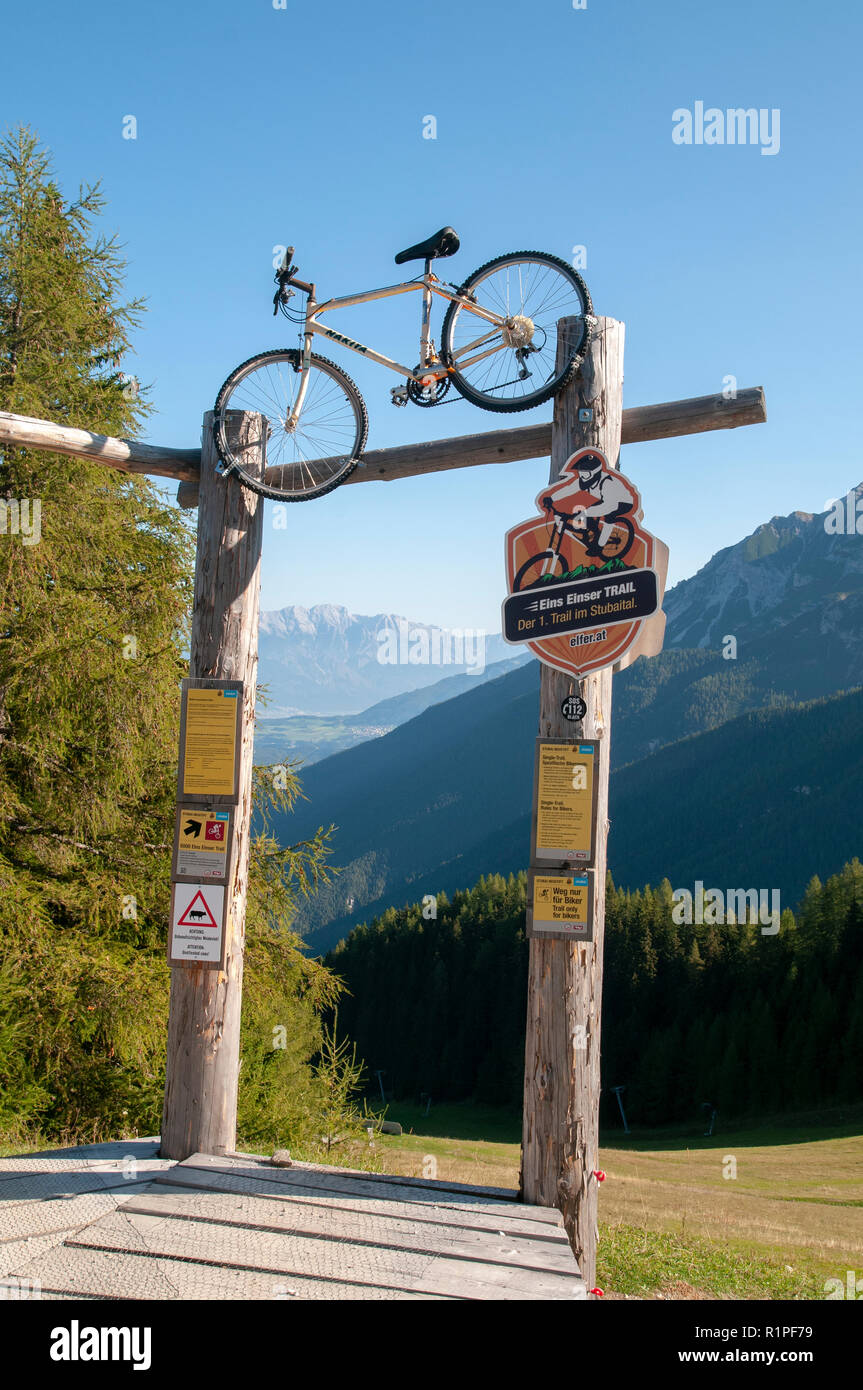 single trail, a downhill bicycle trail from the summit of Elfer mountain down to Neustift im Stubaital, Tyrol, Austria Stock Photo