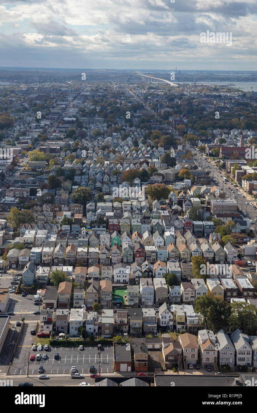 helicopter aerial view of street grid of Bayonne city, New Jersey, USA Stock Photo