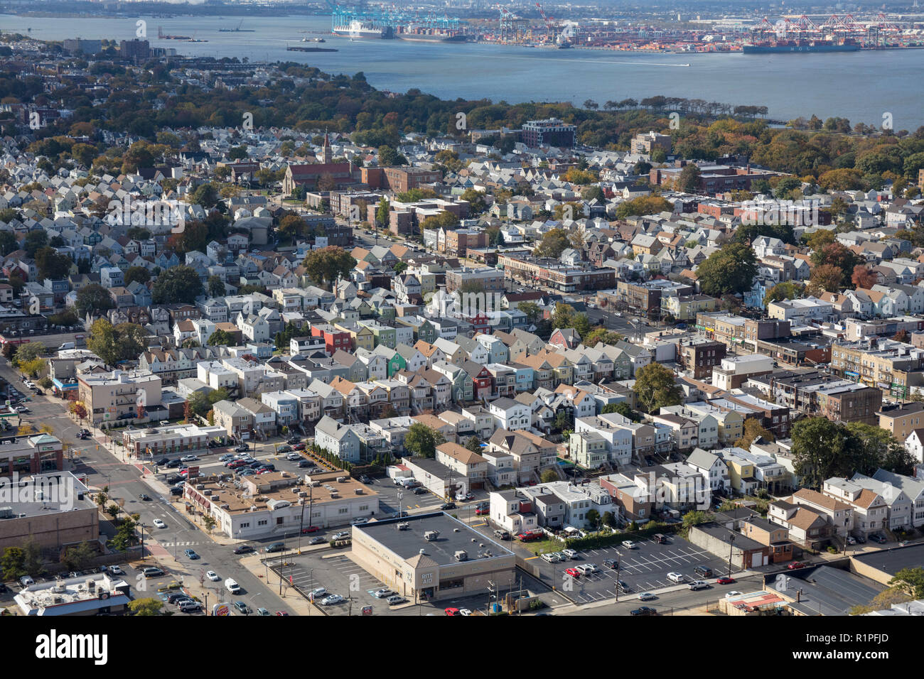 helicopter aerial view of street grid of Bayonne city, New Jersey, USA Stock Photo