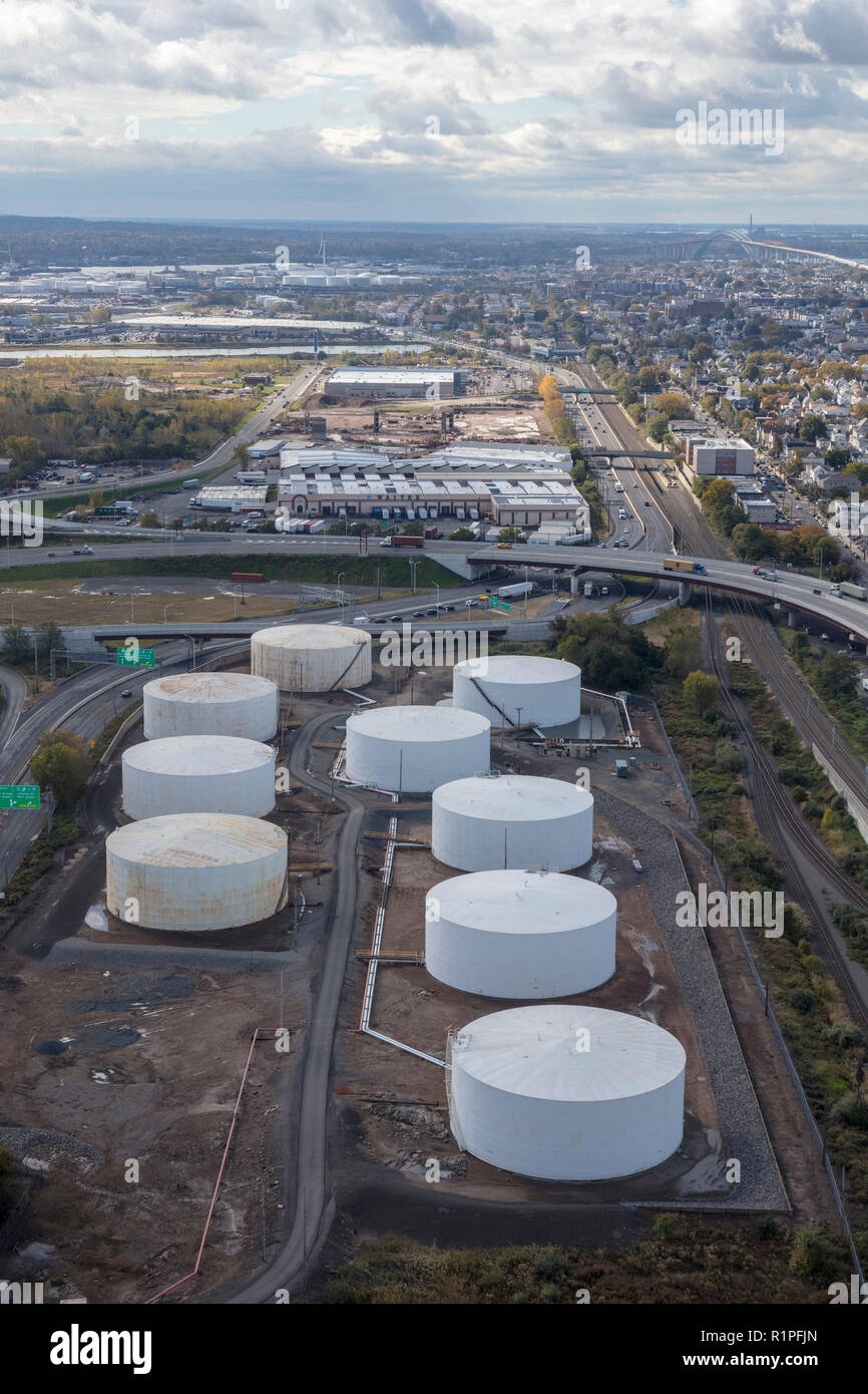 helicopter aerial view of storage tanks, Bayonne, Jersey City, New Jersey,  USA Stock Photo - Alamy