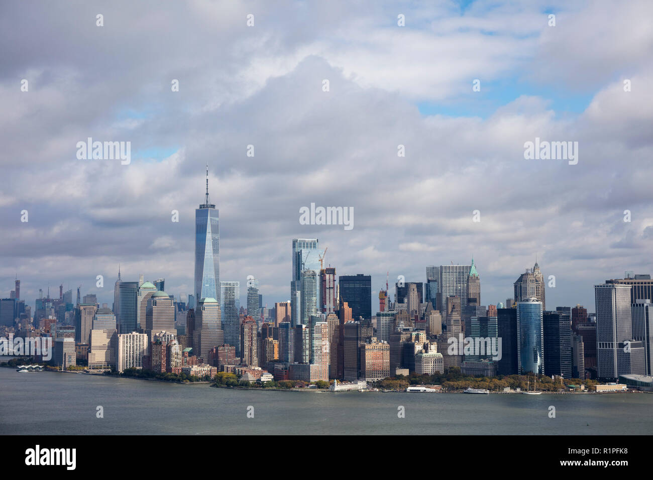 aerial view of Lower Manhattan and financial district skyscrapers, New York City, USA Stock Photo
