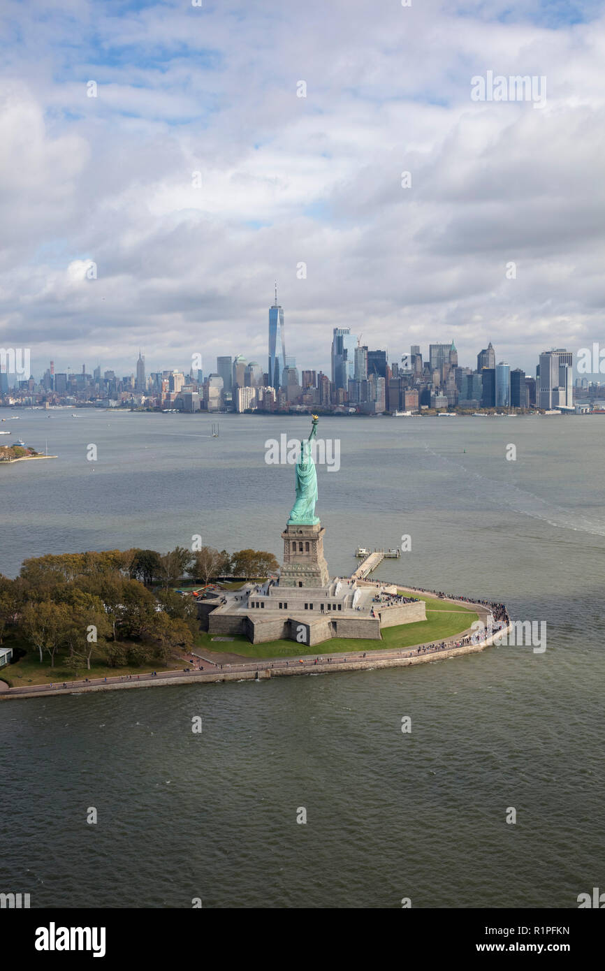helicopter aerial view of The Statue of Liberty, New York City, USA