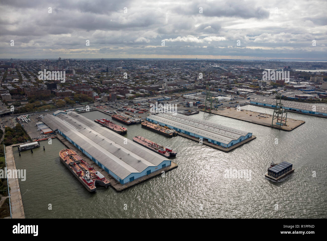 helicopter aerial view of Columbia Street Waterfront District Brooklyn, New York City, USA Stock Photo